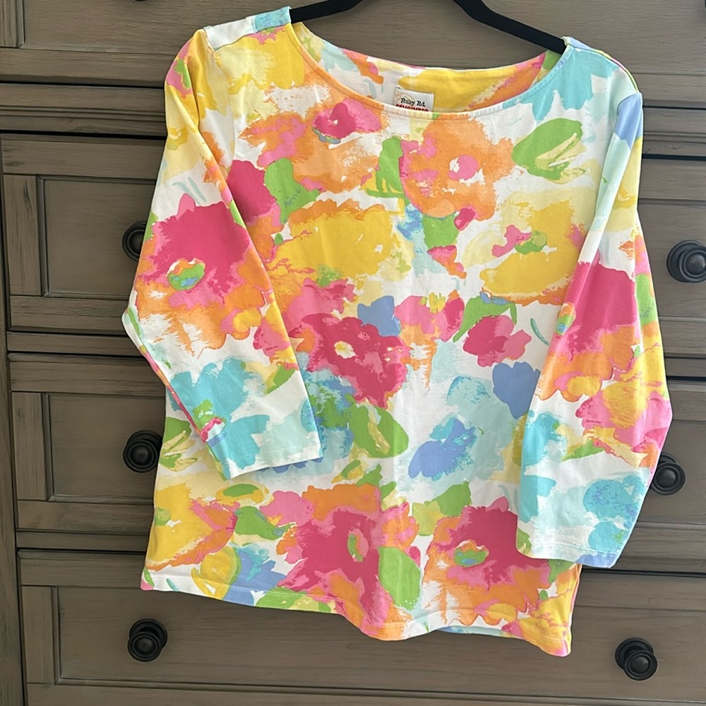 Ruby Rd. Favorites brand - floral, three-quarter length sleeve top.